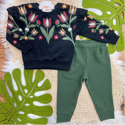  Conj. Casaco de Moletom Rosas Tropicais e Calça Legging - Preto e Verde
